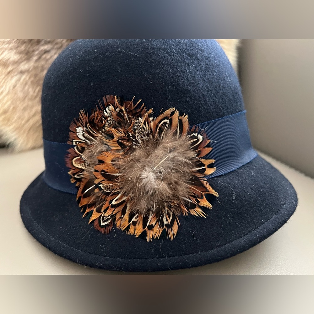 Jessica Navy Cloche Hat with Feather Detail - Picture 3 of 7